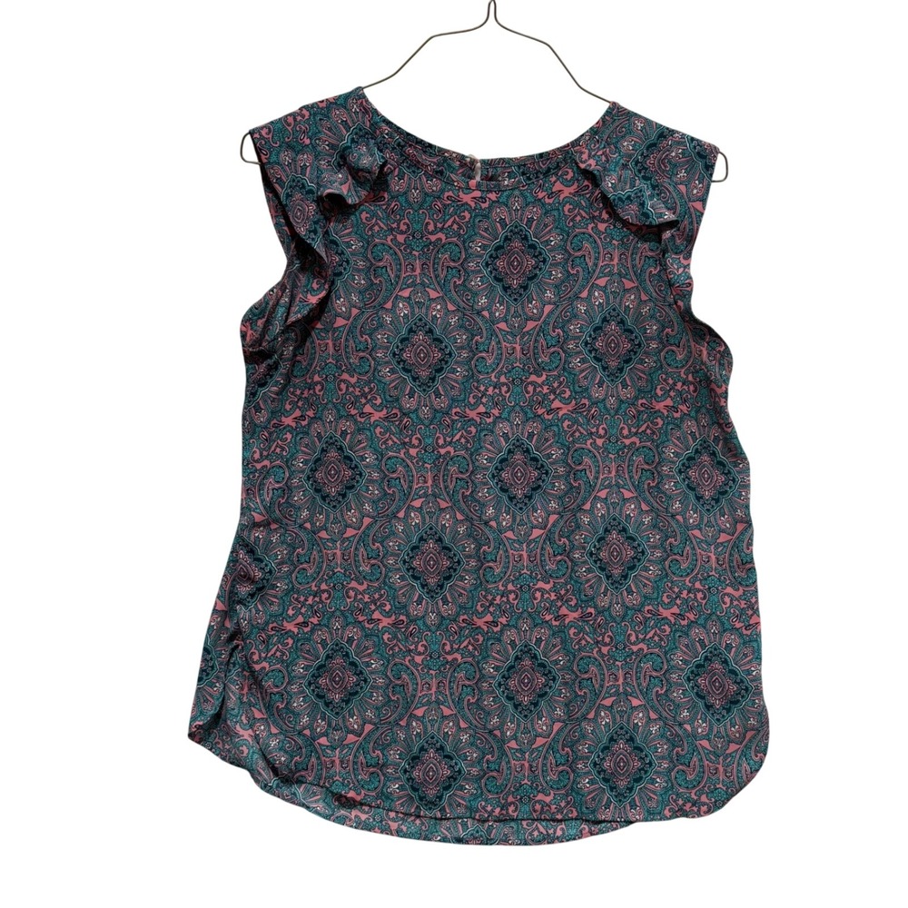 LOFT Womens Teal Pink Paisley Medallion Ruffle Shoulder Sleeveless Blouse Size M